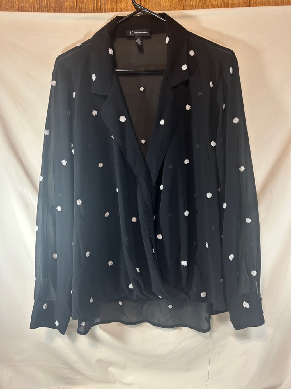 INC International Concepts Woman’s Black Sheer Blouse with White Dot Embroidery